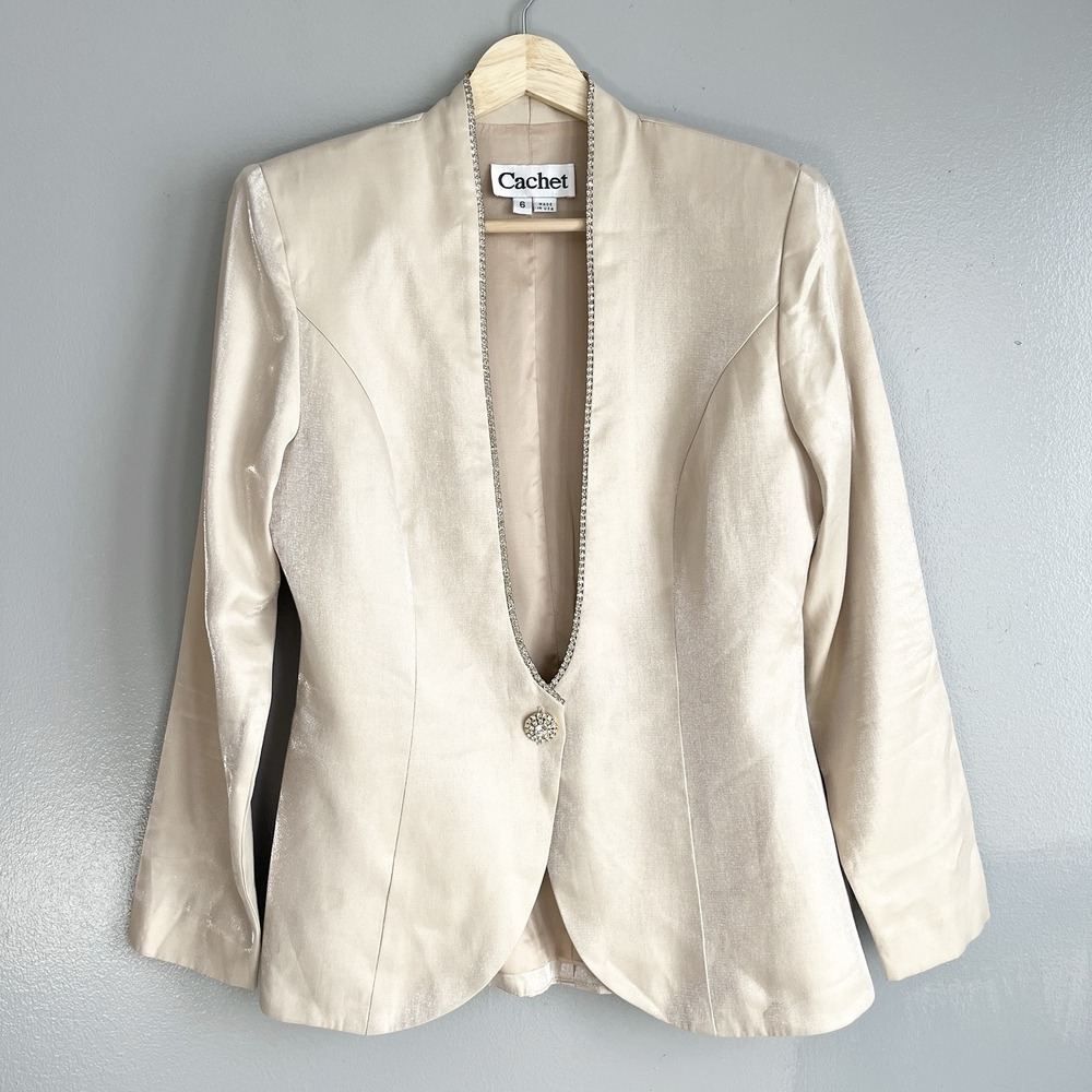 Vintage Cachet Blazer Jacket‎ Beige Tan One Button Rhinestone Satin USA Made 6